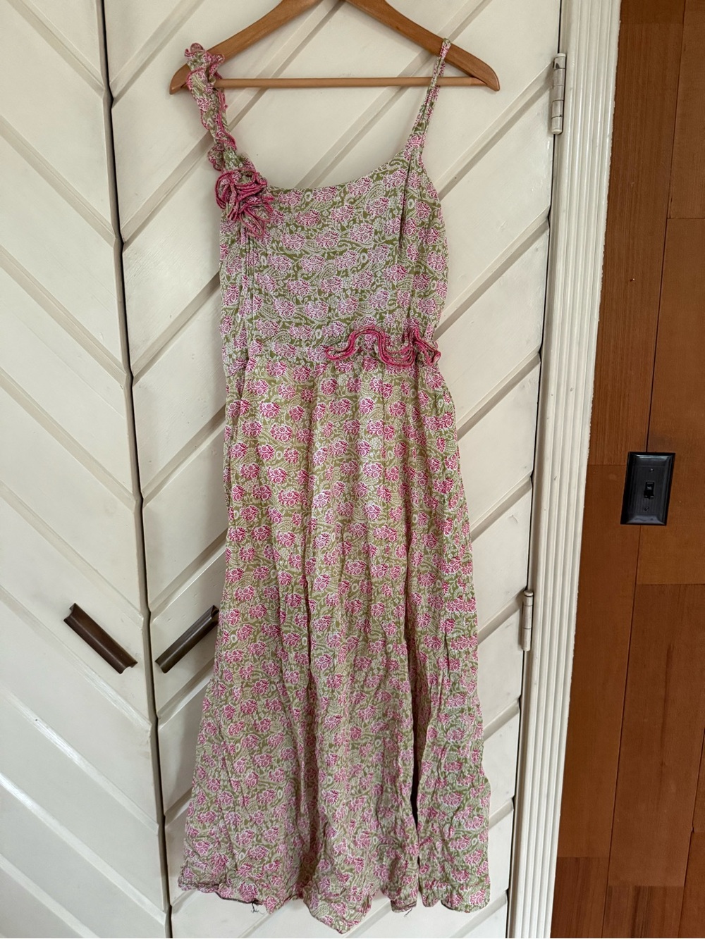 Pink Floral Midi Sundress with Ruffle Accent